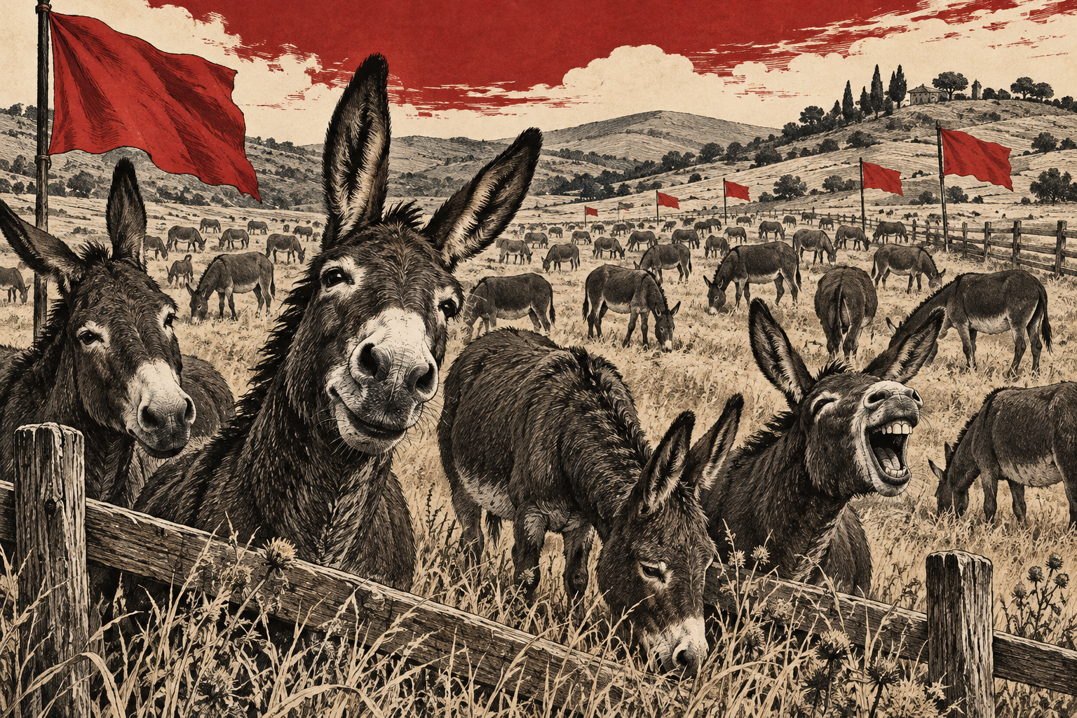 Ilustração satírica de burros em um campo sob bandeiras vermelhas